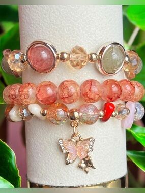 Peachy Orange Butterfly Charm Beaded 3 Pieces Stretch Bracelet Set